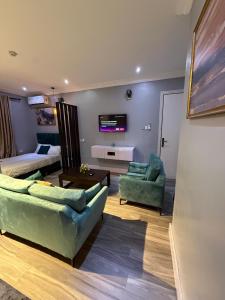 Balcony Teal Snug Open-Plan Studio Unit in Lekki Phase 1-Netflix, Wi-Fi, 24-7 Light, Washer, Kitchen的电视和/或娱乐中心