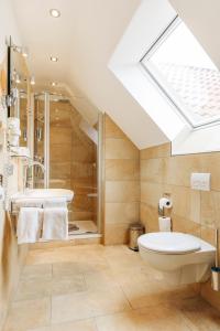 a bathroom with a toilet and a sink and a skylight at Landgasthof Haueis in Marktleugast +57 photos
