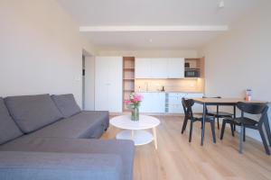 una sala de estar con un sofá y una mesa en Laguna Beskidów Resort - Apartament A96, en Zarzecze