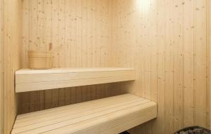 a sauna with two wooden shelves and a bucket at Gorgeous Home In Løkken With Sauna in Løkken +34 photos