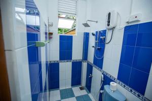 a blue and white bathroom with a shower and a toilet at Singhe Apartment in Galle +17 photos