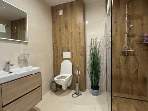 a bathroom with a toilet and a sink and a shower at Vysoké Tatry - ISC RESORT in Mlynica +30 photos