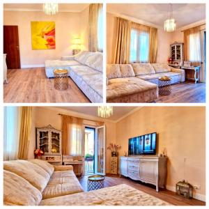 two pictures of a living room with a couch and a tv at Bellaria Casa Indipendente-Giardino Privato-Free Parking-Wifi-Strategic Location 5 Terre-Portofino in Rapallo