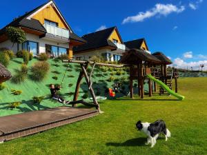 a dog standing in a yard with a playground at Słoneczne Chatki in Knurów