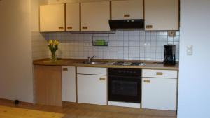 a kitchen with white cabinets and a sink at Ulfershausen in Wangerland