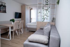 Una sala de estar con un sofá, una mesa y una cama. en Residence Hill A036 Apartment, en Kopaonik