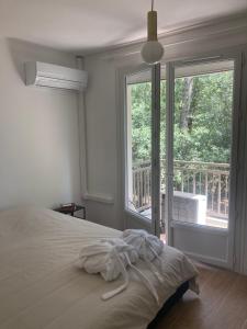 Le Nid D'Aiguelongue Parking Wifi Climatisation Terrasse في مونبلييه: غرفة نوم بها سرير ونافذة كبيرة