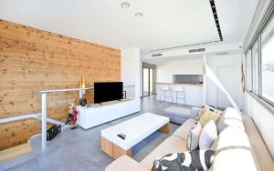 テルアビブにあるLuxury Beachfront Penthouse at Haari By HolyGuestのソファとテレビのあるリビングルーム