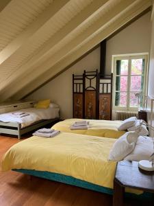a bedroom with three beds in a attic at Finca La Machota Centro de Naturaleza in Peralejo +55 photos