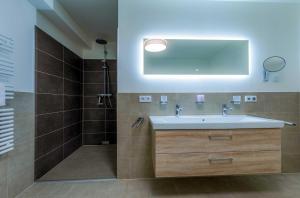 un baño con lavabo y ducha en Auszeit, Yoga-Apartment mit Kamin & Balkon in der Hafenresidenz, en Waren 16 fotos más