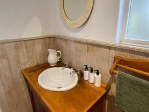 een wastafel in de badkamer met een vaas op een houten aanrecht bij Birdsong Cottage in Swellendam +31 foto's