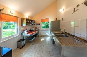 JabelにあるWildgans - Stilvolles Ferienhaus mit Terrasse, Seeblick & Naturidylle am Loppiner Seeのシンクとカウンタートップのあるキッチン +12枚の写真
