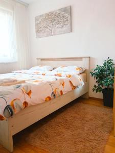 a bedroom with a bed with a wooden frame at Alacaster G apartman FREE PARKING in Novi Sad