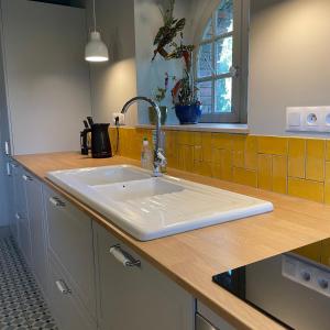 a kitchen counter with a sink in a kitchen at Château Doré les Tours - Appartement Loup in Montfaucon