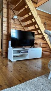 un soggiorno con una TV a schermo piatto su un supporto di The Midnight Sun Cabin a Gratangen