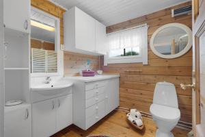 un bagno con un water, un lavandino e uno specchio di The Midnight Sun Cabin a Gratangen Altre 158 foto