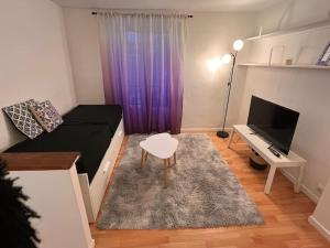 a small living room with a bed and a television at Bords de Marne Charmant Appart in Thorigny-sur-Marne