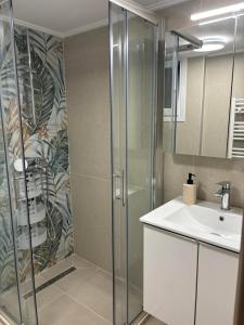 a bathroom with a shower and a sink at JD family luxury apartment 1 in Volos +7 photos