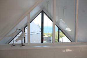 dwie mewy stojące na římsie koło okna w obiekcie Ty Dag - Petite Terre vue mer, spa, plage à 300m w mieście Roscoff