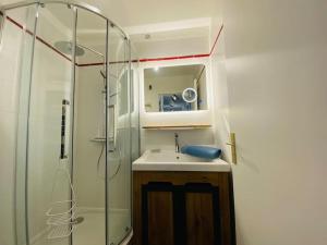a bathroom with a sink and a glass shower at Escale à Balbec- Proche plage et Centre ville Cabourg in Cabourg +21 photos