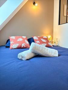 a pair of socks laying on a blue bed at Le Nectar - Parking Privé, Hyper-centre, Calme in Saint-Brieuc