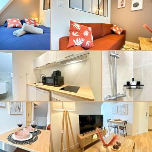 a collage of photos of a living room and a kitchen at Le Nectar - Parking Privé, Hyper-centre, Calme in Saint-Brieuc