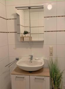 a bathroom with a sink and a mirror at Haus-am-See-Kolkstr-1-EG-links in Norddeich