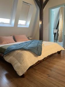 a large bed in a room with two windows at Casa Toma M in Baia Mare