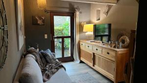 a living room with a couch and a television at Le Brâme du Cerf in Theux