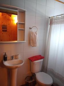 a small bathroom with a toilet and a sink at Bungalow Playa Linda I in Pucón