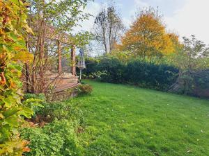 a backyard with a yard with green grass and a fence at Gîte al fontaine in La Roche-en-Ardenne