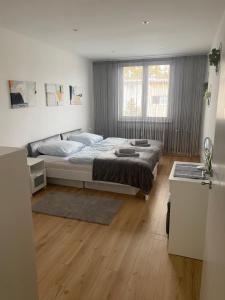 a bedroom with two beds and a large window at Parkside apartment in Nitra