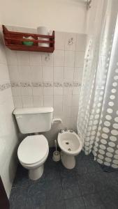 a bathroom with a toilet and a shower curtain at 760 D Apartamentos in Alta Gracia +3 photos