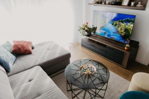 un salon avec un canapé et une télévision à écran plat dans l'établissement Regnare Residence, à Zagreb