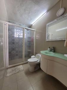 a bathroom with a toilet and a glass shower at casa en veracruz in Veracruz