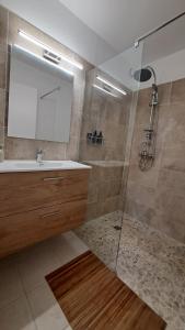 a bathroom with a shower with a sink and a mirror at Coeur de Rhoda in Saint-François