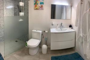 un bagno con wc, lavandino e doccia di Gîte villa soleil & Spa a Les Trois-Îlets