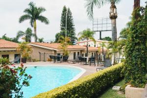 a pool with tables and chairs and palm trees at Hotel Posada Virreyes in Guadalajara