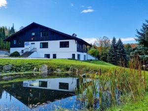 a house on a hill with a pond in front of it at Sporthaus Sosnówka - Deluxe Villa & Garden in Sosnówka