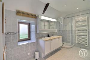 een badkamer met een wastafel, een douche en een spiegel bij De dartagnan in Val Couesnon +33 foto's