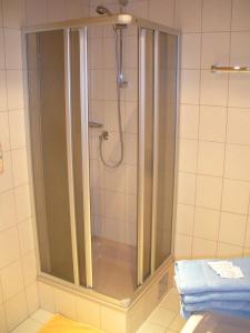 プフンツにあるApartment Christine Öttlのバスルーム(ガラスドア付きのシャワー付)