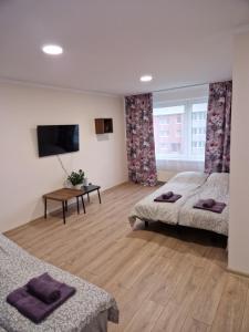 a bedroom with two beds and a flat screen tv at Cēsu Mājas Akmens ielā in Cēsis