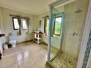a bathroom with a shower and a toilet at Mar Azul 1B in Ponta Malongane