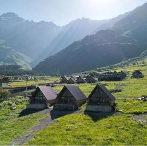 a group of houses in a field with mountains in the background at Kera Cottages Kazbegi in Kazbegi