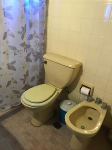 a bathroom with a toilet and a shower curtain at Departamentos frente al mar-Villa Gesell in Villa Gesell