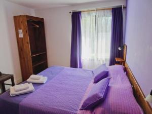1 dormitorio con cama morada y almohadas moradas en Casa de Grillos, en El Calafate