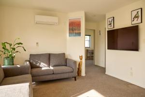a living room with a couch and a television at Handy Location, Ocean & Mountain Views, Spacious Yard - KK46451 in Kaikoura