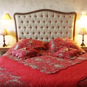 a bed with a red blanket and two pillows on it at Les Demoiselles de Ladoix in Ladoix Serrigny