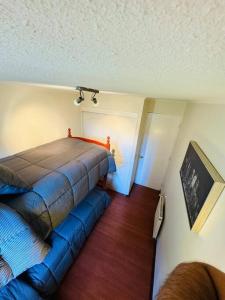 a bedroom with a blue bed and a couch at Dpto, Bar y con Estacionamiento in Santiago +31 photos