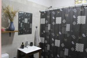 une salle de bain avec un rideau de douche et un lavabo dans l'établissement Cabaña en el Pedemonte, à Luján de Cuyo 7 autres photos